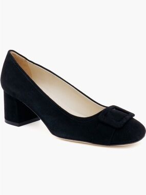 Amalfi by Rangoni Black Suede Block Heel Pump with Suede Buckle